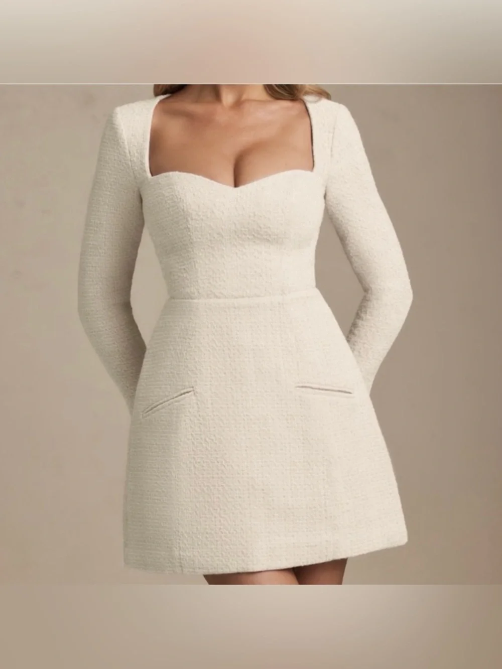 NEW Oh Polly Ivory Tacita Tweed Structured Sweetheart Long Sleeve Mini Dress 2 - Picture 1 of 8